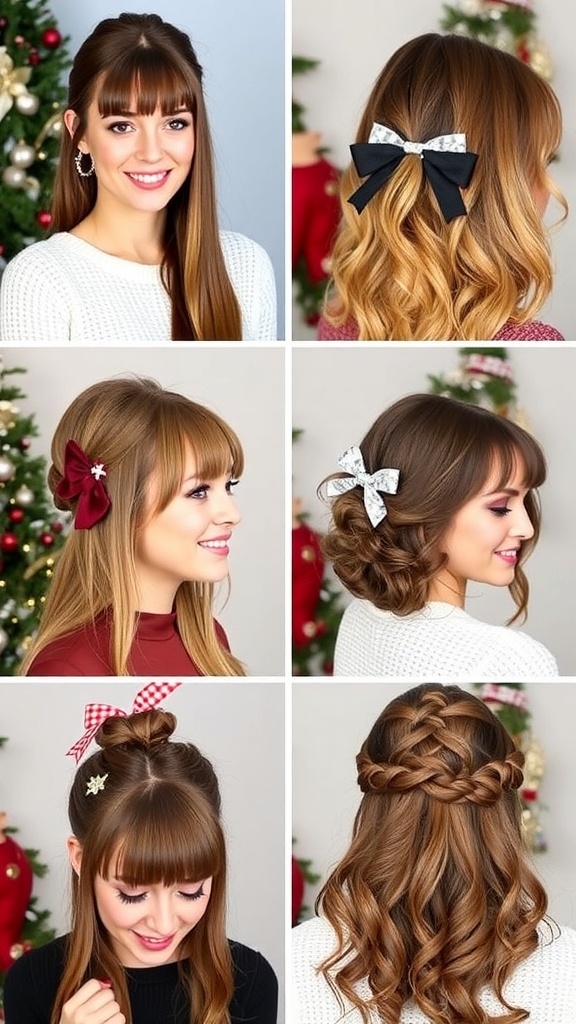 Collage of Christmas hairstyles with bangs, showcasing various festive looks.